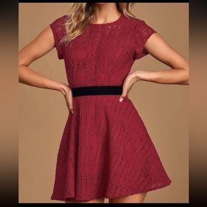 Lulu’s Twirling It Burgundy Crochet Lace Short Sleeve Skater Dress